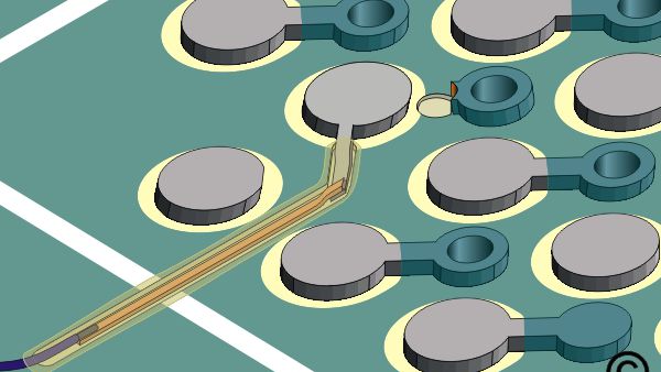 Figure 3: Solder a wire to the extending circuit and overcoat with epoxy.